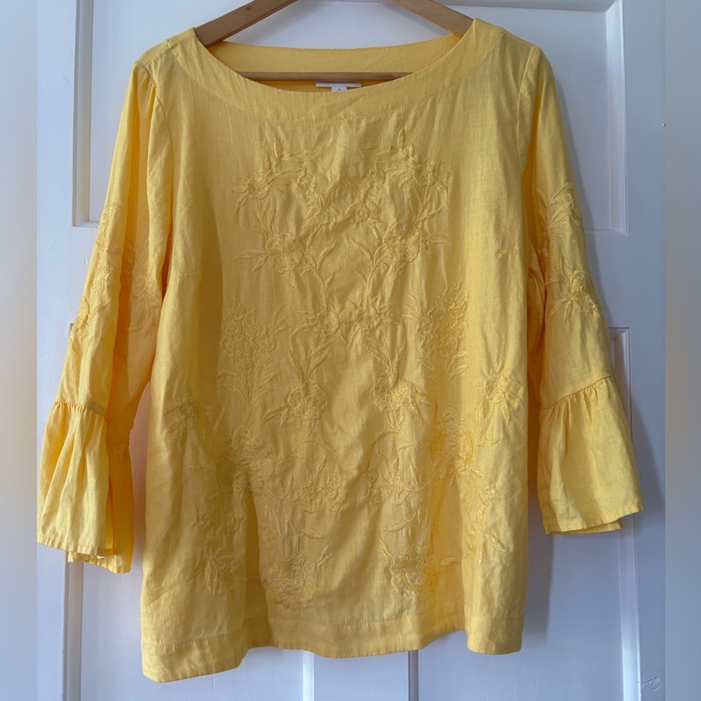 Charter Club Linen Yellow Floral Embroidered Popover 3/4 Bell Sleeve Romantic M
